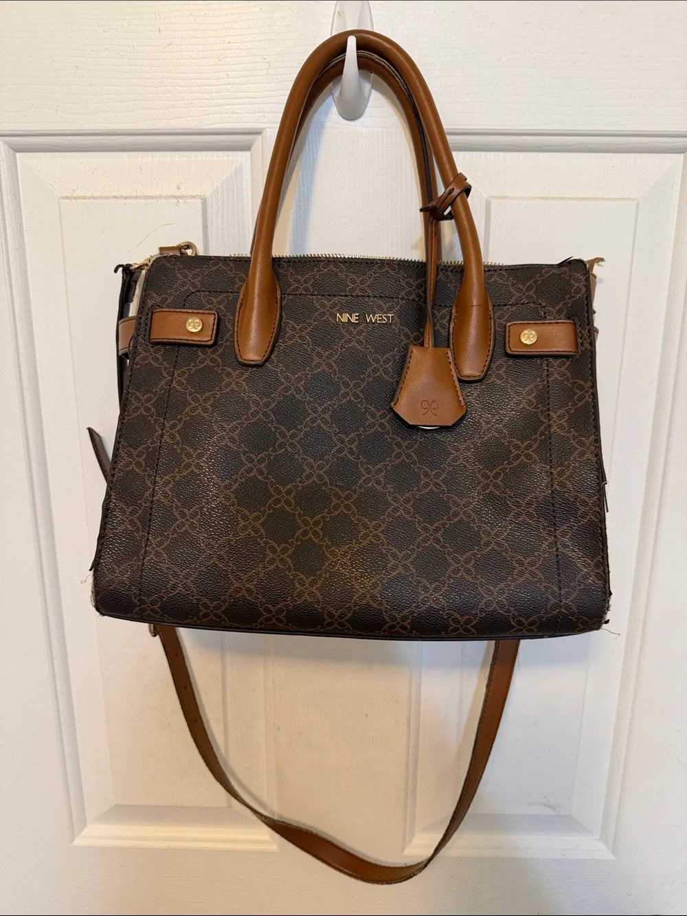 Nine West Brown Monogram Satchel with Tan Trim
